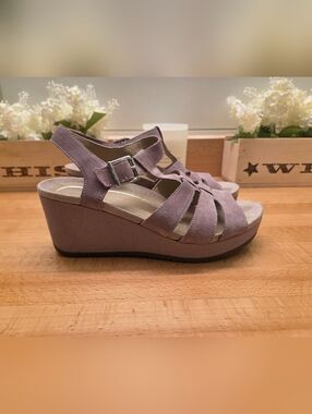 VIONIC Hoola Tawny Platform T-Strap Wedge Sandal Suede Light Purple Women Sz 10